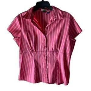 DCC Stretch Missy Blouse Womens Medium Short Sleeve Button Front Striped Casual